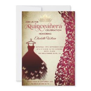 Vintage red dress damask gold tiara Quinceañera