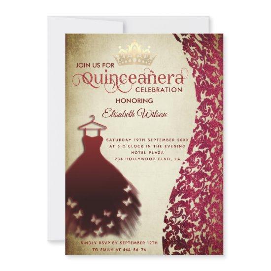 Vintage red dress damask gold tiara Quinceañera
