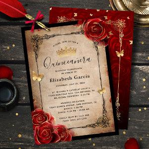 Vintage Red Rose Black Gold Elegant Quinceanera