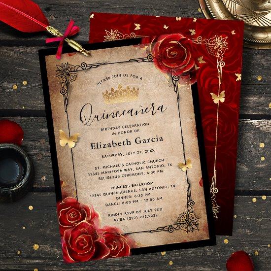 Vintage Red Rose Black Gold Elegant Quinceanera