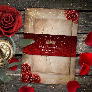 Vintage Red Rose Black Gold Elegant Quinceanera  Belly Band