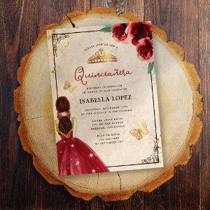 Vintage Red Rose Elegant Quinceañera Real Gold Foil