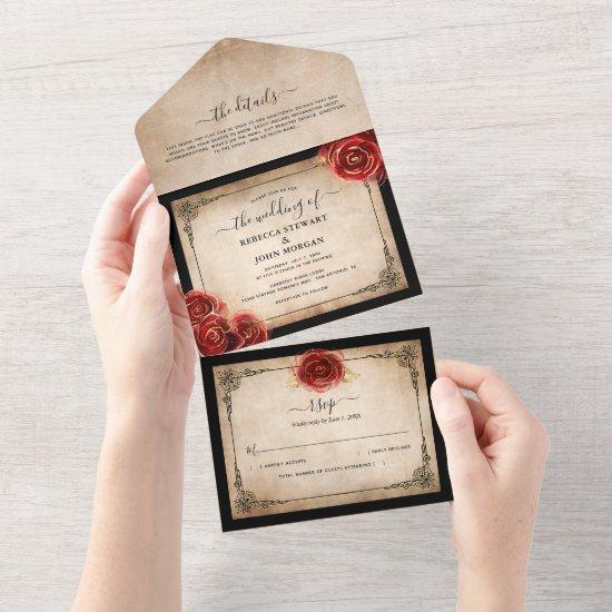 Vintage Red Rose Gold Black Parchment Wedding All In One