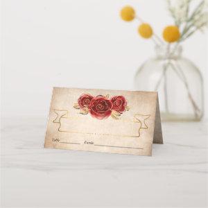 Vintage Red Rose Gold Crown Elegant Escort Folded Place Card