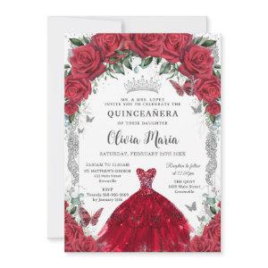 Vintage Red Roses Dress Floral Quinceañera Silver