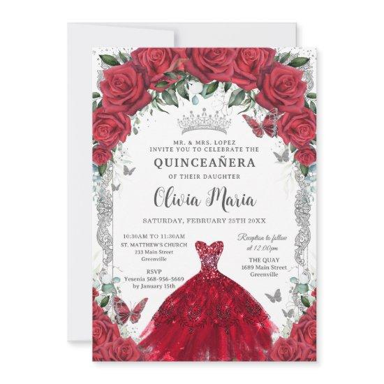 Vintage Red Roses Dress Floral Quinceañera Silver