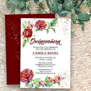 Vintage Red Roses Gold Confetti Floral Quinceanera