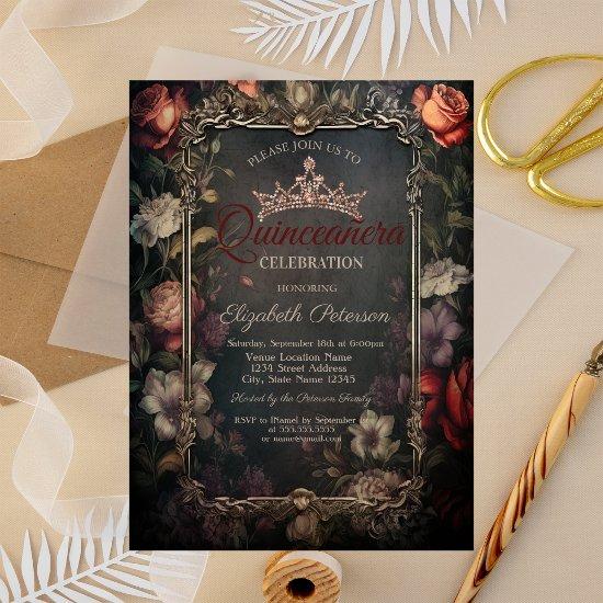Vintage Red Roses Gothic Stripes Quinceañera