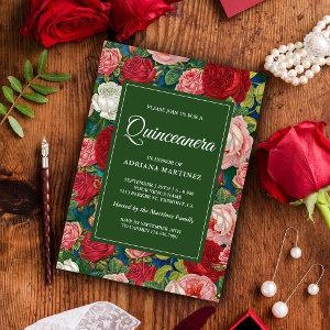 Vintage Romantic Red Roses Floral Quinceanera