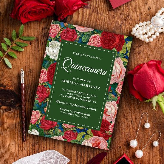 Vintage Romantic Red Roses Floral Quinceanera
