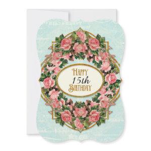 Vintage Rose Floral 15th Birthday Gold Glitter