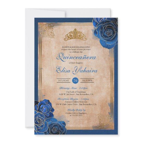 Vintage Royal Blue Gold Roses Royal Quinceanera