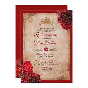 Vintage Ruby Red & Gold Roses Royal Quinceanera