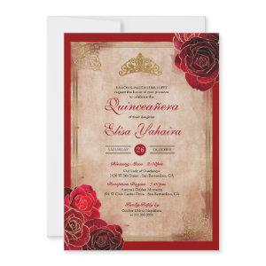 Vintage Ruby Red & Gold Roses Royal Quinceanera