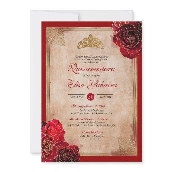 Vintage Ruby Red & Gold Roses Royal Quinceanera