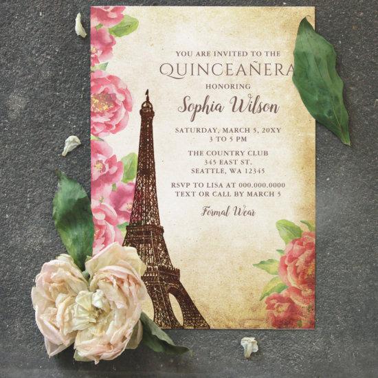 Vintage Rustic Floral Eiffel Tower Quinceañera