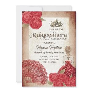 Vintage rustic red hand fan roses tiara Quince  In