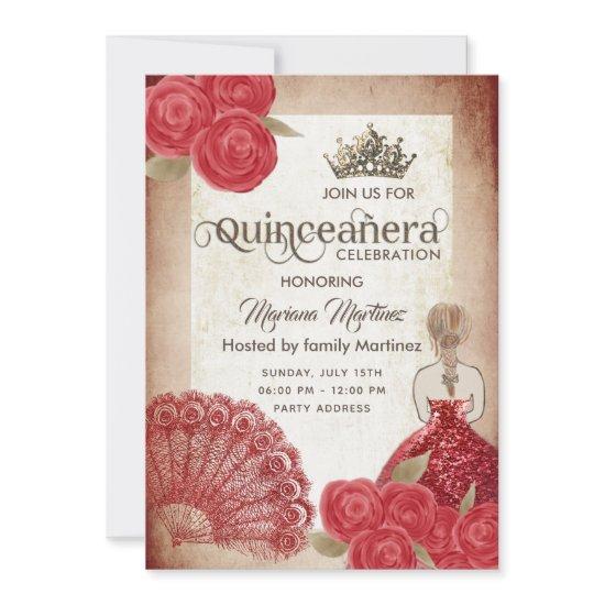 Vintage rustic red hand fan roses tiara Quince  In