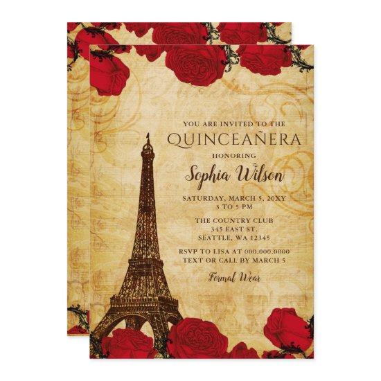 Vintage Rustic Roses Eiffel Tower Quinceañera