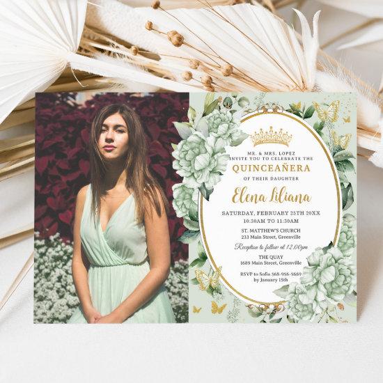 Vintage Sage Green Floral Butterflies Quinceañera