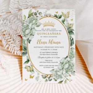 Vintage Sage Green Floral Butterflies Quinceañera