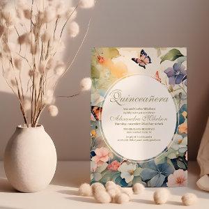 Vintage Sage Green Floral Butterflies Quinceañera