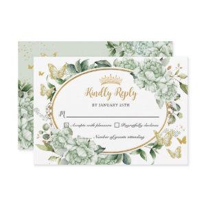Vintage Sage Green Floral Butterflies Quinceañera RSVP Card