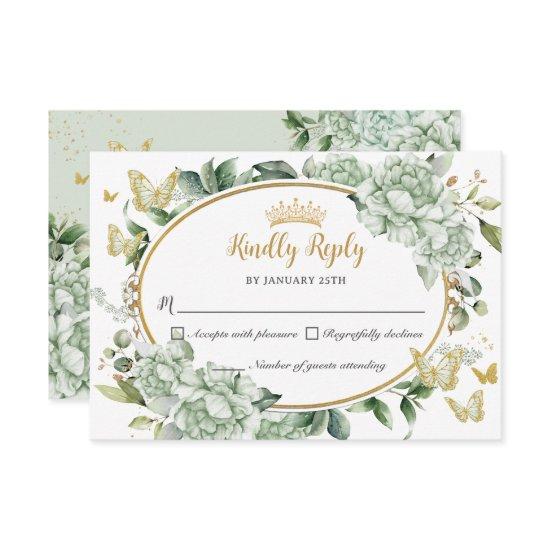 Vintage Sage Green Floral Butterflies Quinceañera RSVP Card