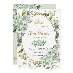 Vintage Sage Green Floral Butterflies Quinceañera  Save The Date