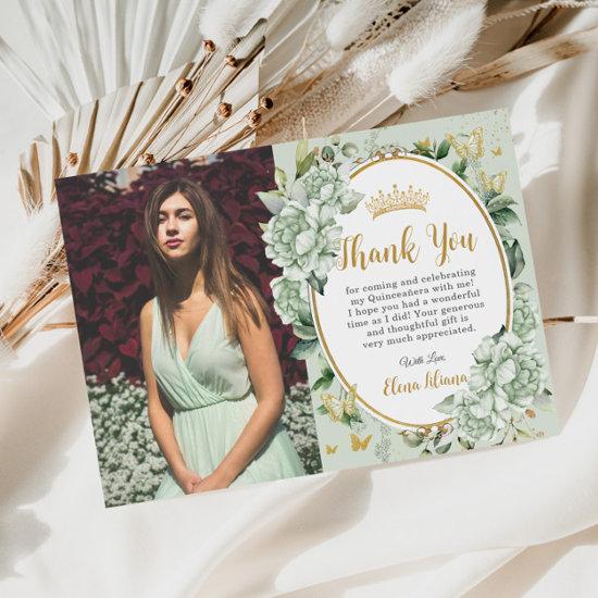 Vintage Sage Green Floral Butterflies Quinceanera  Thank You Card