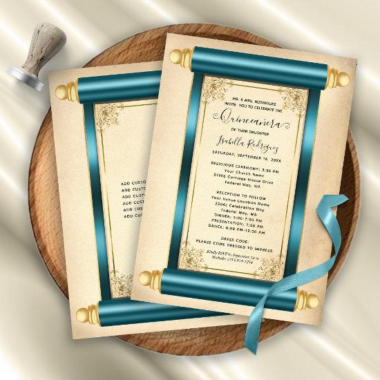Vintage Teal Gold Scroll Elegant Quinceañera