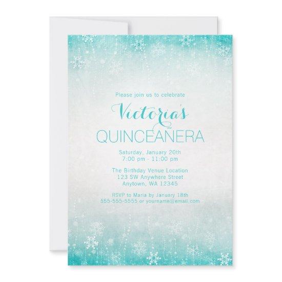 Vintage Teal Winter Wonderland Quinceanera Invites