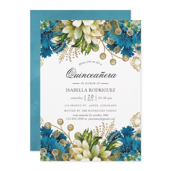 Vintage Turquoise & Gold Shabby Floral Quinceañera