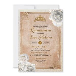 Vintage White & Gold Roses Royal Quinceanera