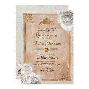 Vintage White & Gold Roses Royal Quinceanera