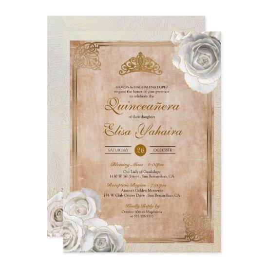Vintage White & Gold Roses Royal Quinceanera