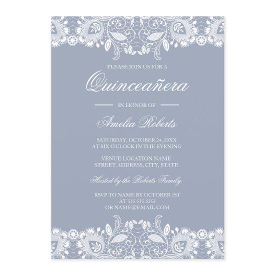 Vintage White Lace Dusty Blue Quinceanera Invite
