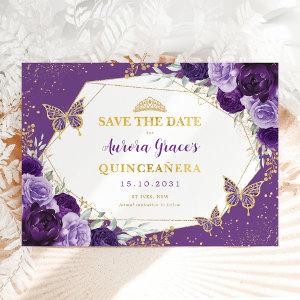 Violet Gold Quinceanera Floral Save the Date Announcement