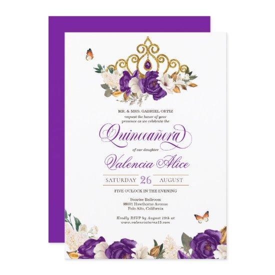 Violet Purple Rose Butterfly Gold Tiara Quince