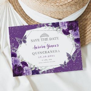 Violet Silver Quinceanera Floral Save the Date Announcement