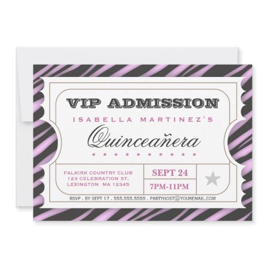 VIP Ticket Zebra Glam Quinceanera Birthday Party