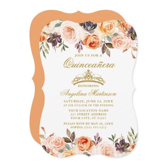 Watercolor Autumn Floral Peach Gold Quinceanera