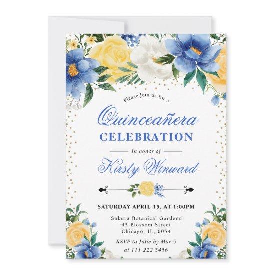 Watercolor Blue and Yellow Flowers Quinceanera
