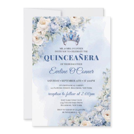 Watercolor blue flowers eucalyptus Quinceañera