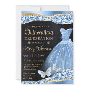 Watercolor Blue & Gold Glitter Dress Quinceanera