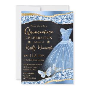 Watercolor Blue & Gold Glitter Dress Quinceanera