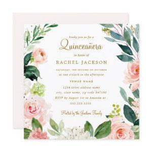 Watercolor Blush Gold Floral Quinceanera Invite
