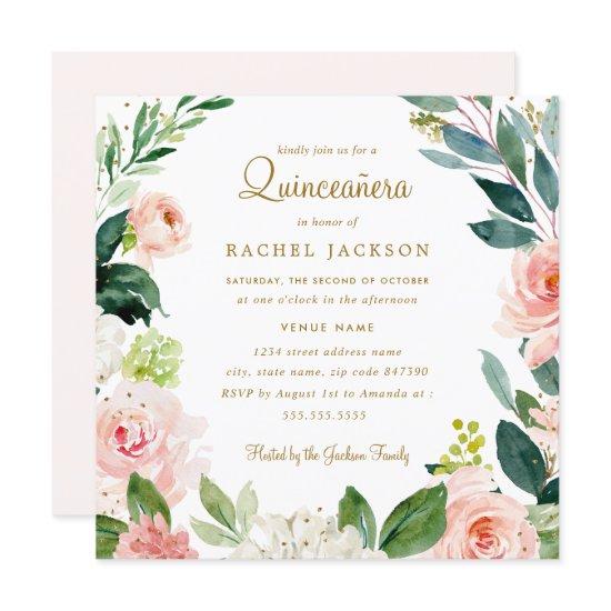 Watercolor Blush Gold Floral Quinceanera Invite