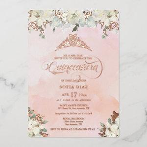 Watercolor Blush Pink Quinceañera Floral  Foil
