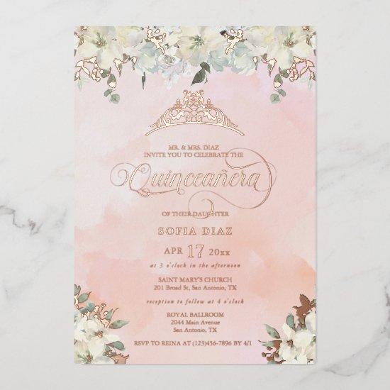 Watercolor Blush Pink Quinceañera Floral  Foil